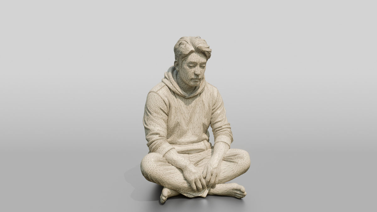 Homeless Man Looking Unfocused While Seated on the Floor - wireframe topology preview