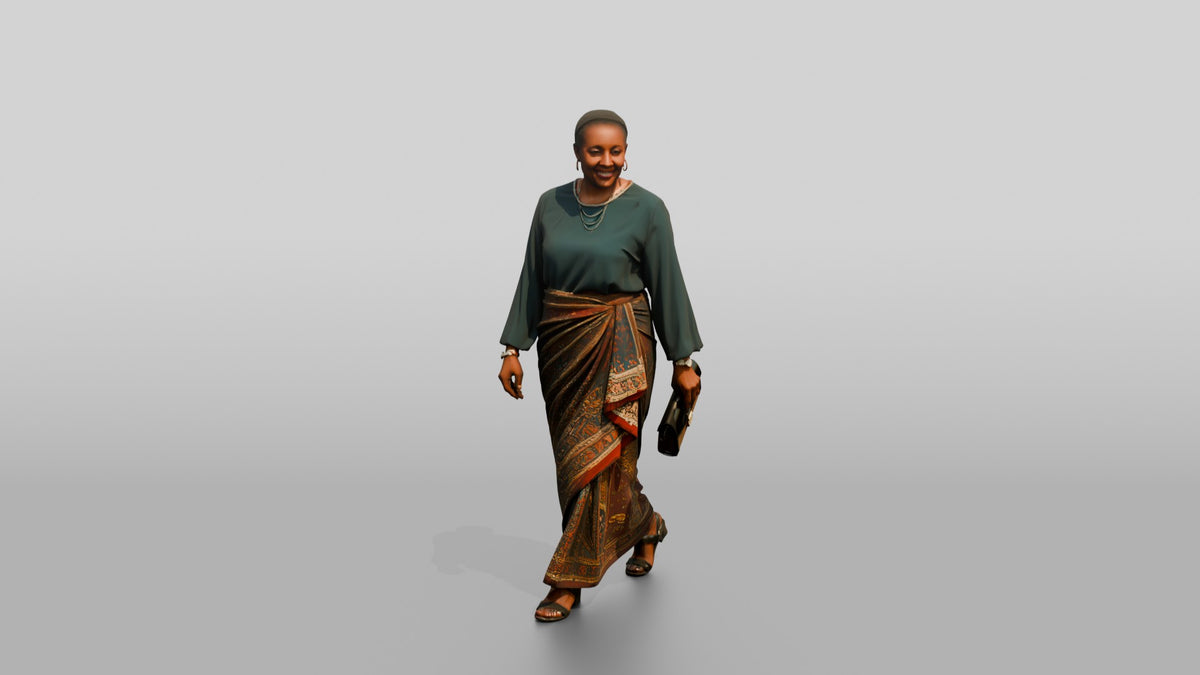 Curvy African Woman in a Printed Wrap Dress Carrying a Briefcase - 3D character model, view 1