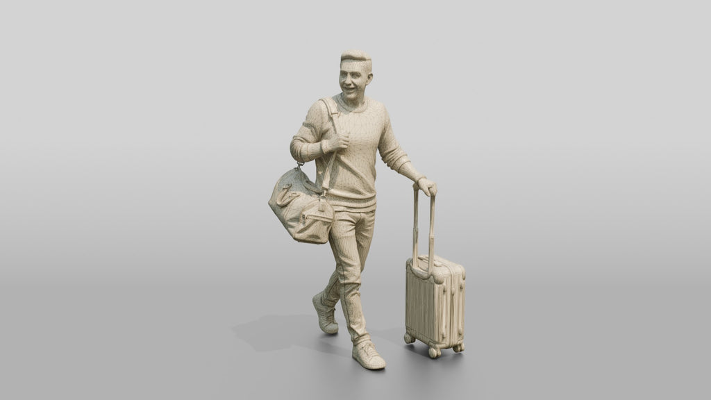 Young Man Walking with Rolling Suitcase and Leather Duffel Bag
