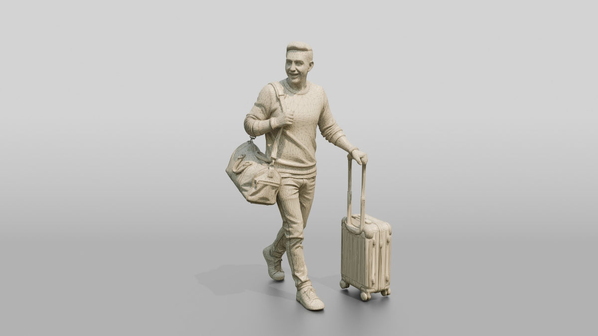 Young Man Walking with Rolling Suitcase and Leather Duffel Bag - wireframe topology preview