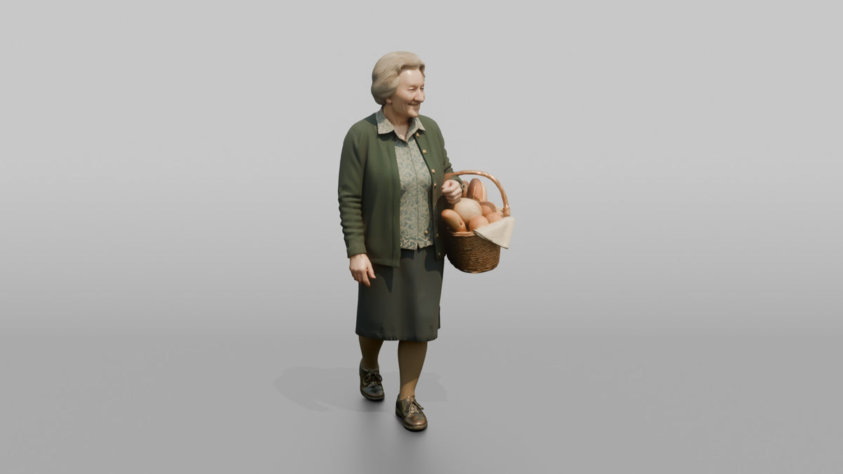 Grandmother Carrying A Wicker Basket Of Fresh Bread - 3D character model