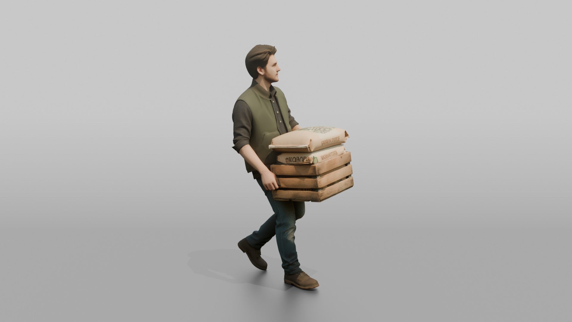 Farmer Carrying Crate Of Animal Feed Bags