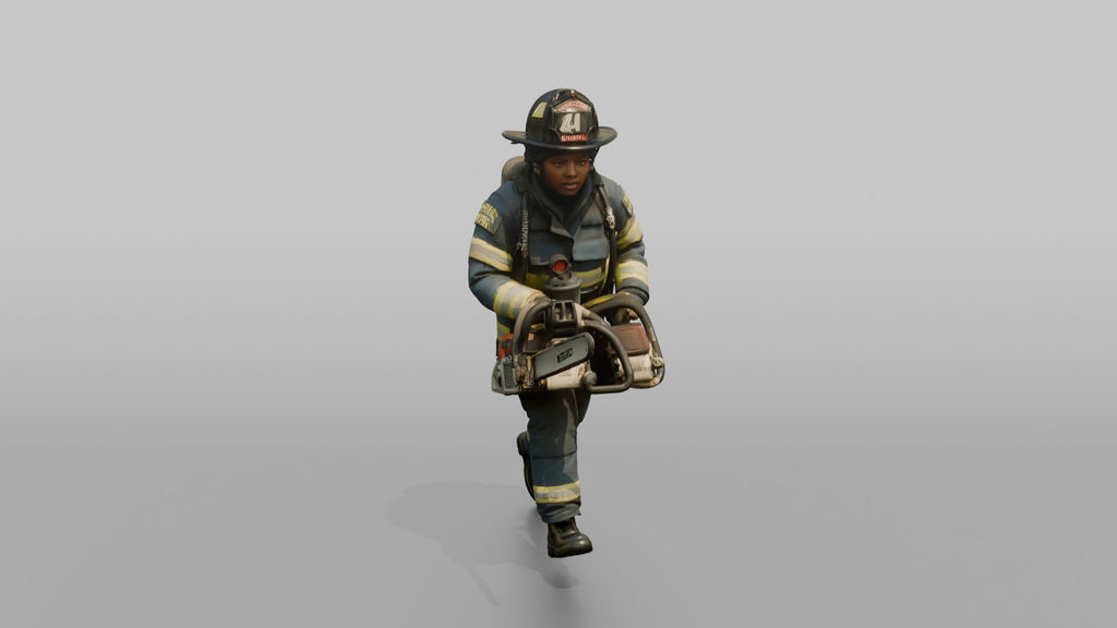 Firefighter Woman Sprinting Carrying a Heavy Rescue Chainsaw