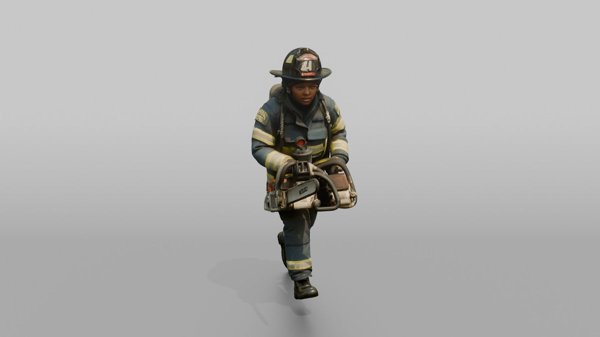 Firefighter Woman Sprinting Carrying a Heavy Rescue Chainsaw - 3D character model, view 2