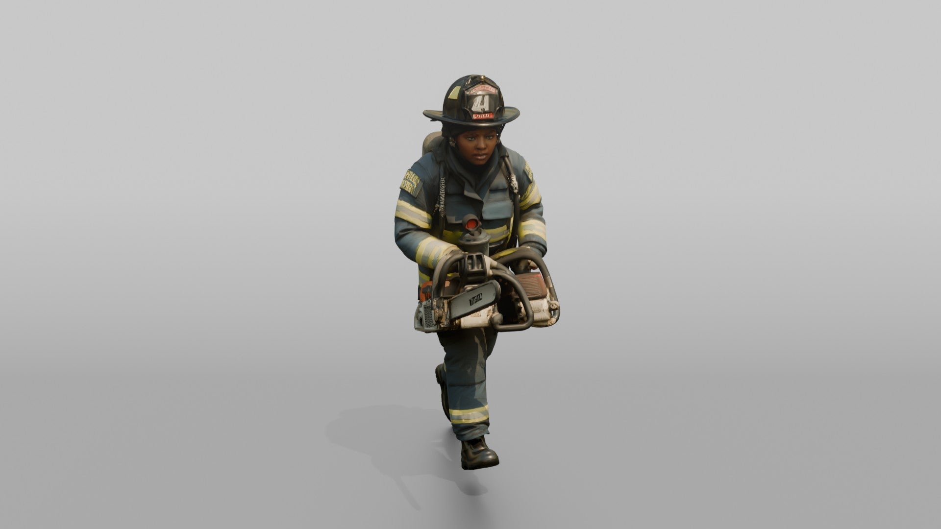 Firefighter Woman Sprinting Carrying a Heavy Rescue Chainsaw
