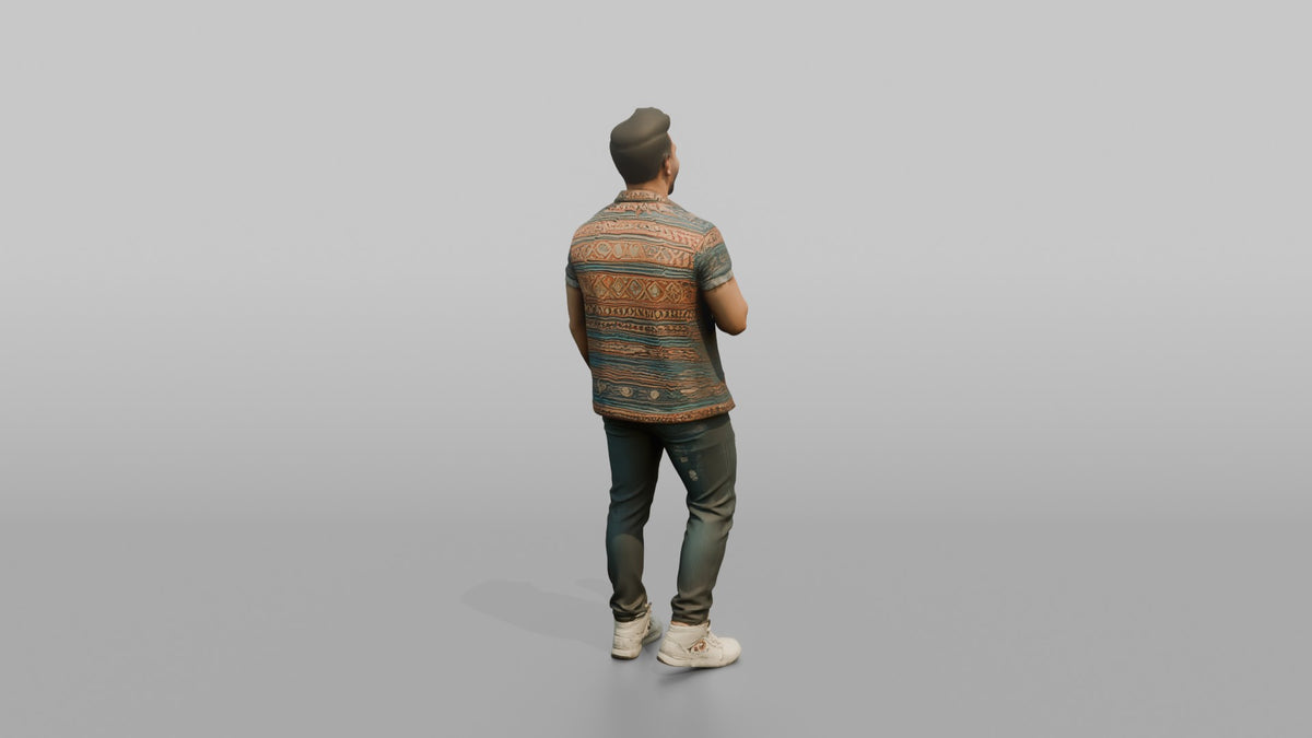 Patron Man Wearing Colorful Streetwear Layers, Mid-laugh, Holding A Drink - 3D character model, view 3