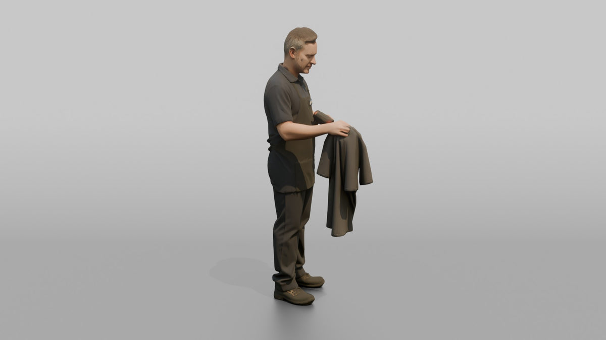 Man Cashier Scanning A Barcode On A Shirt With A Handheld Scanner - 3D character model, view 2