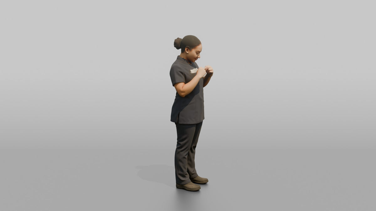 Spa Receptionist Man Adjusting A Name Badge On A Spa Uniform - 3D character model, view 2