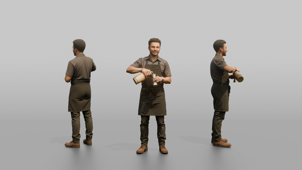 Bartender Man Holding A Jigger And A Bottle - 3D character model, view 1