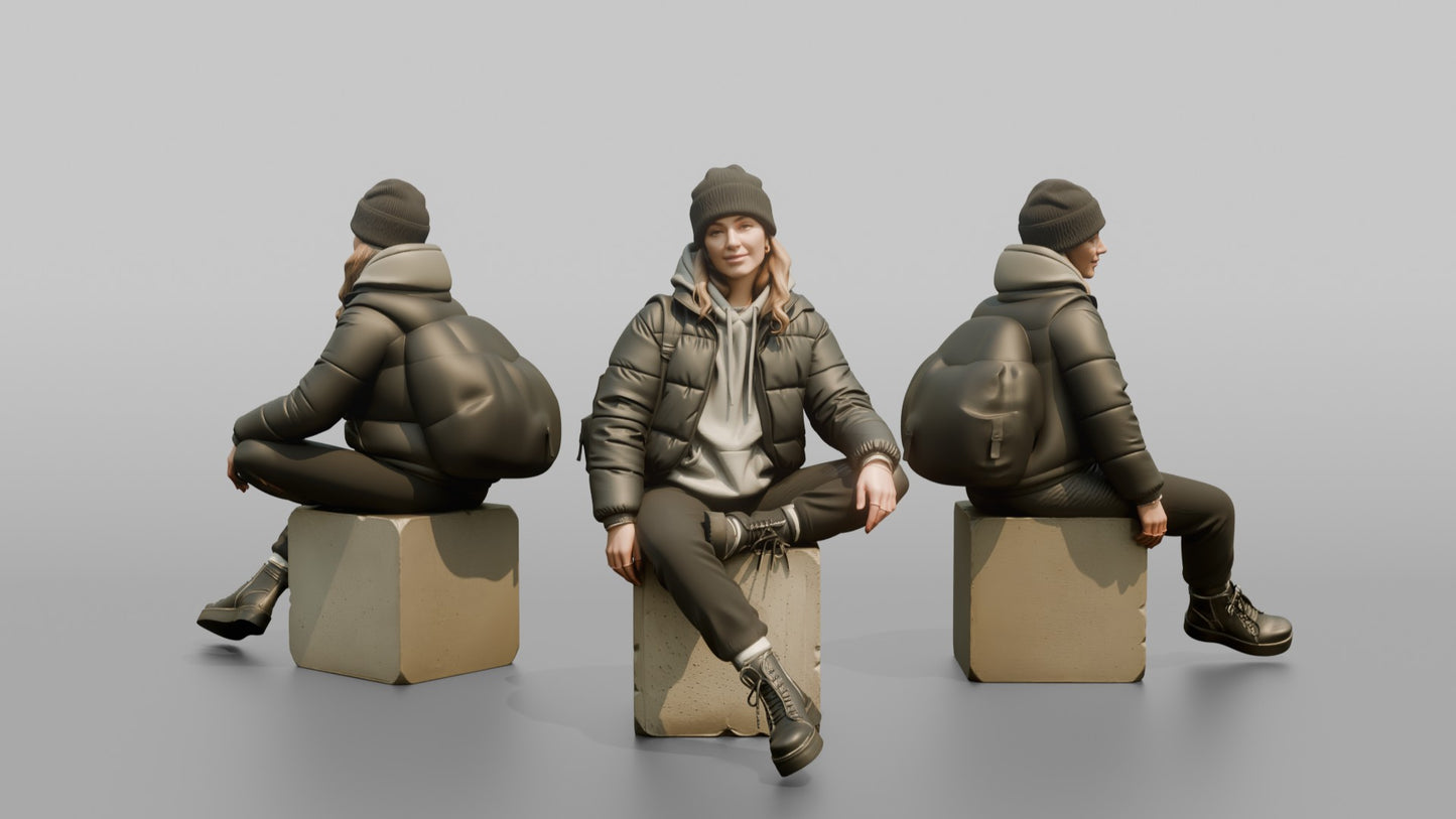 Woman Sitting in a Cropped Puffer Jacket