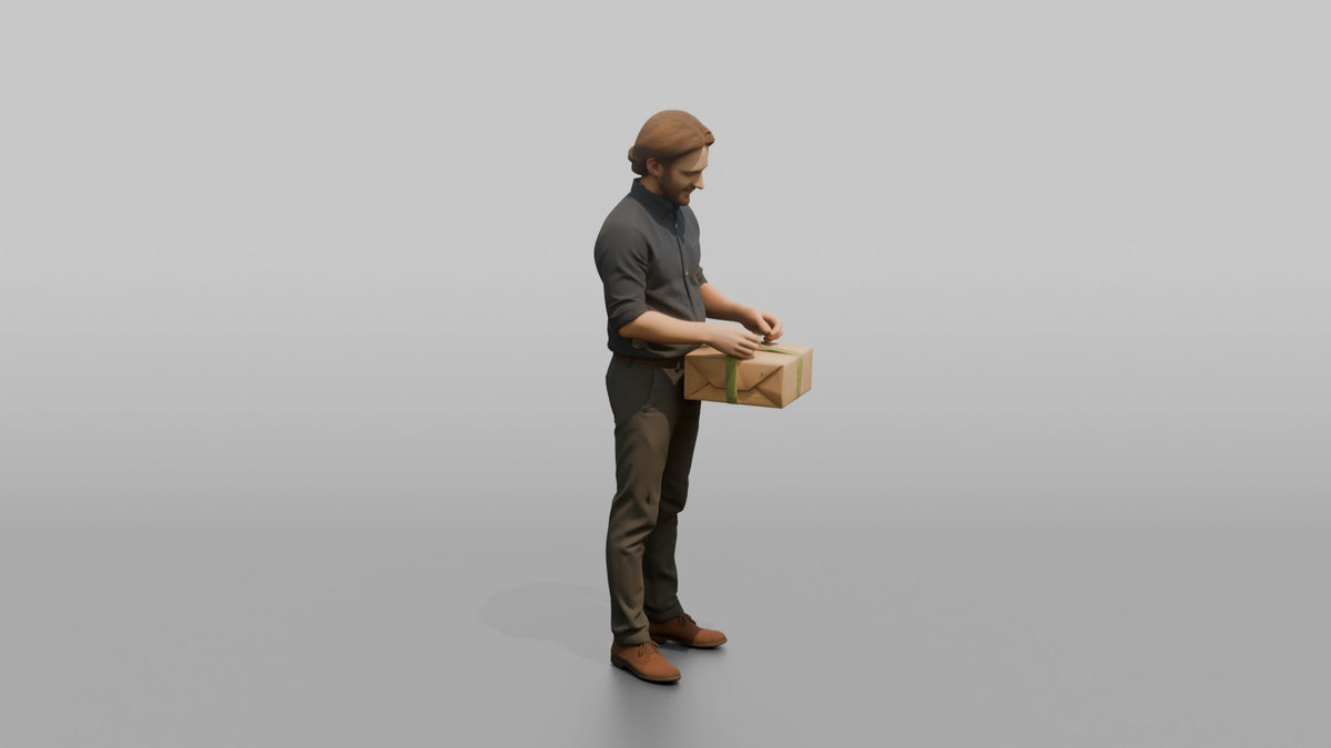 Man Sales Associate Wrapping A Gift Box With Ribbon - 3D character model, view 2