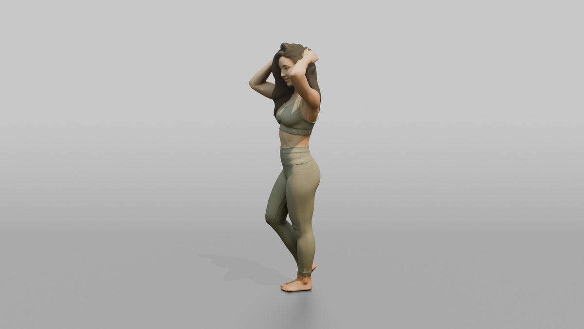 Fitness Influencer Woman Standing With Hands Running Through Hair - 3D character model, view 4