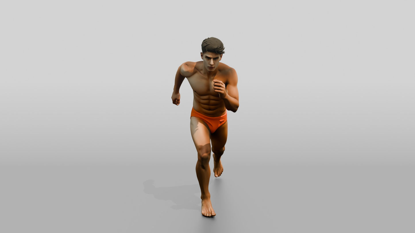 Mestizo Man in Bold Orange Swim Brief Stride