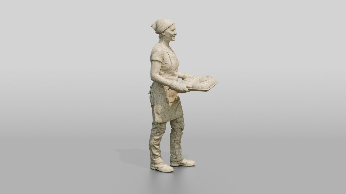 Baker Pulling Sourdough Loaves - wireframe topology preview