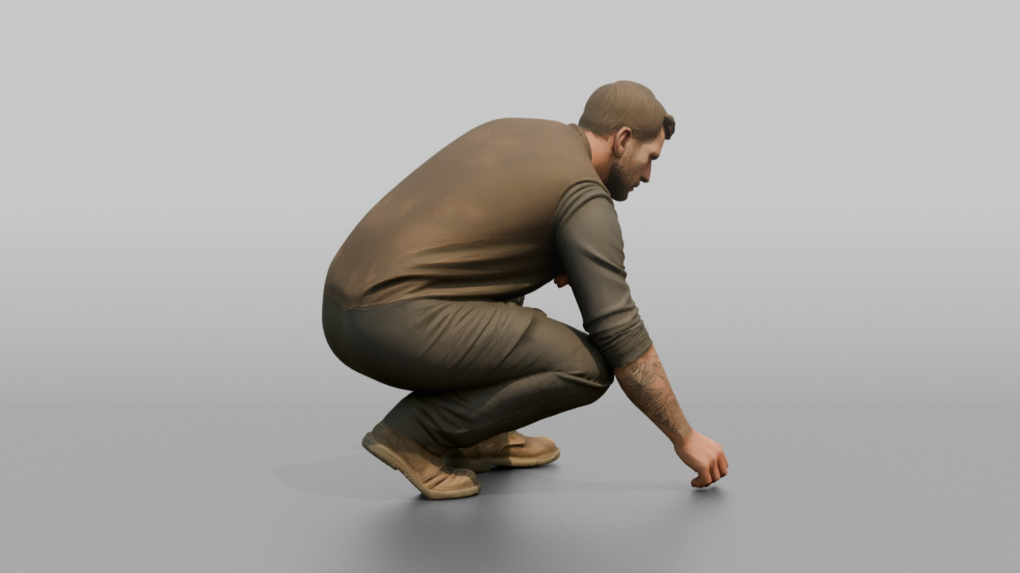 Protester Man Crouching to Pick Something Up
