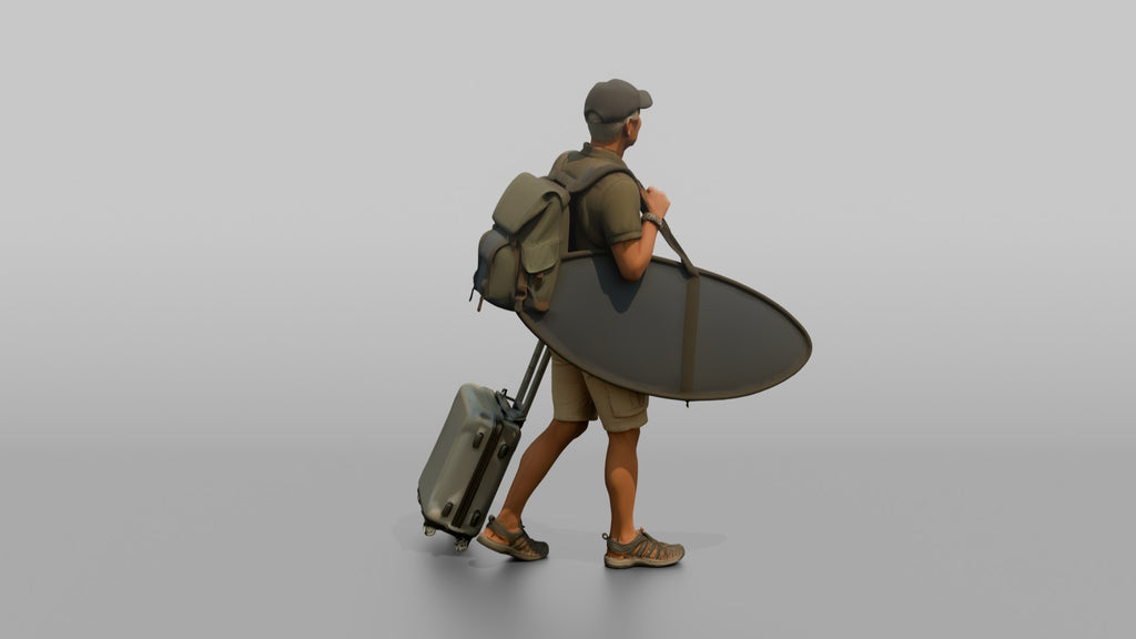 Traveler Carrying A Surfboard And Backpack