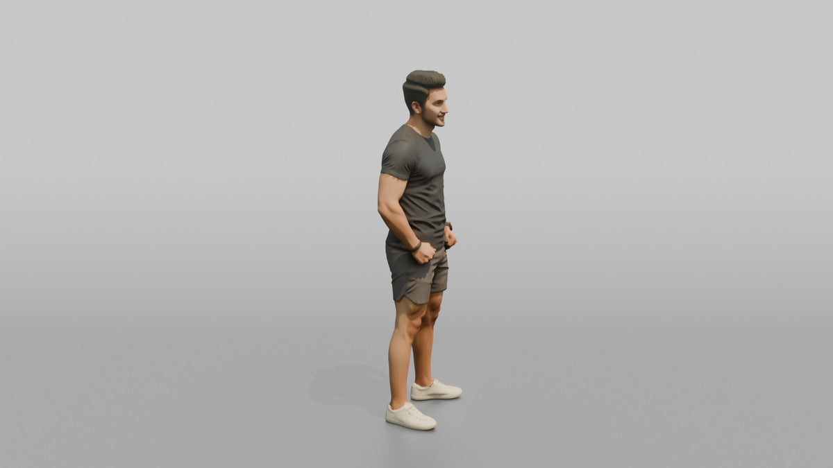 Fitness Influencer Man Standing Confidently, Thumbs Hooked In Waistband - 3D character model, view 2