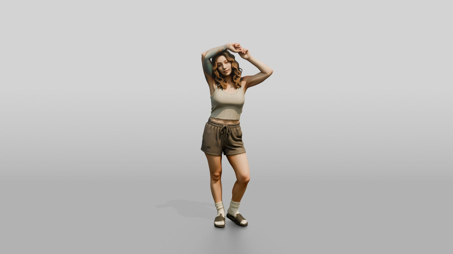 Woman Running Hands Through Wavy Hair in Cream Outfit