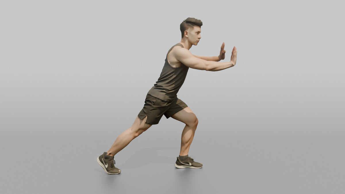 Fitness Influencer Man Doing A Calf Stretch Against An Invisible Wall - 3D character model, view 5