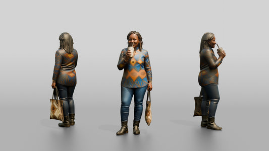 Curvy African Woman Drinking Iced Coffee in a Print Tunic