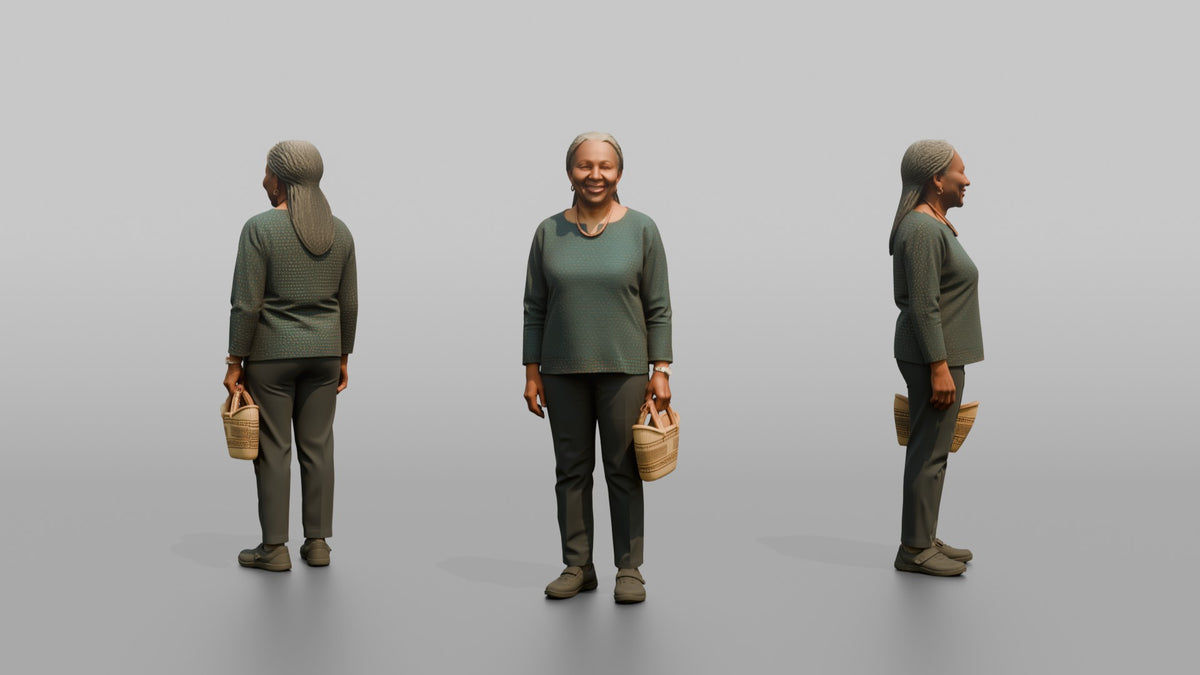Woman Customer Carrying A Small Woven Basket - 3D character model, view 1