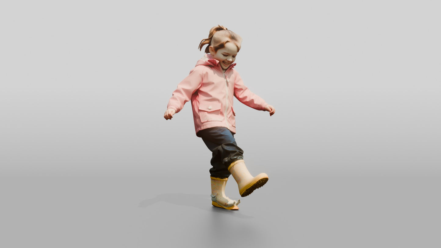 White Girl in Pink Raincoat Splashing in Puddle