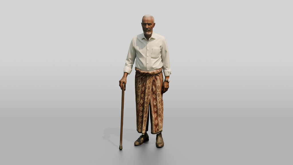 Elderly African Man in Patterned Sarong Leaning on a Cane