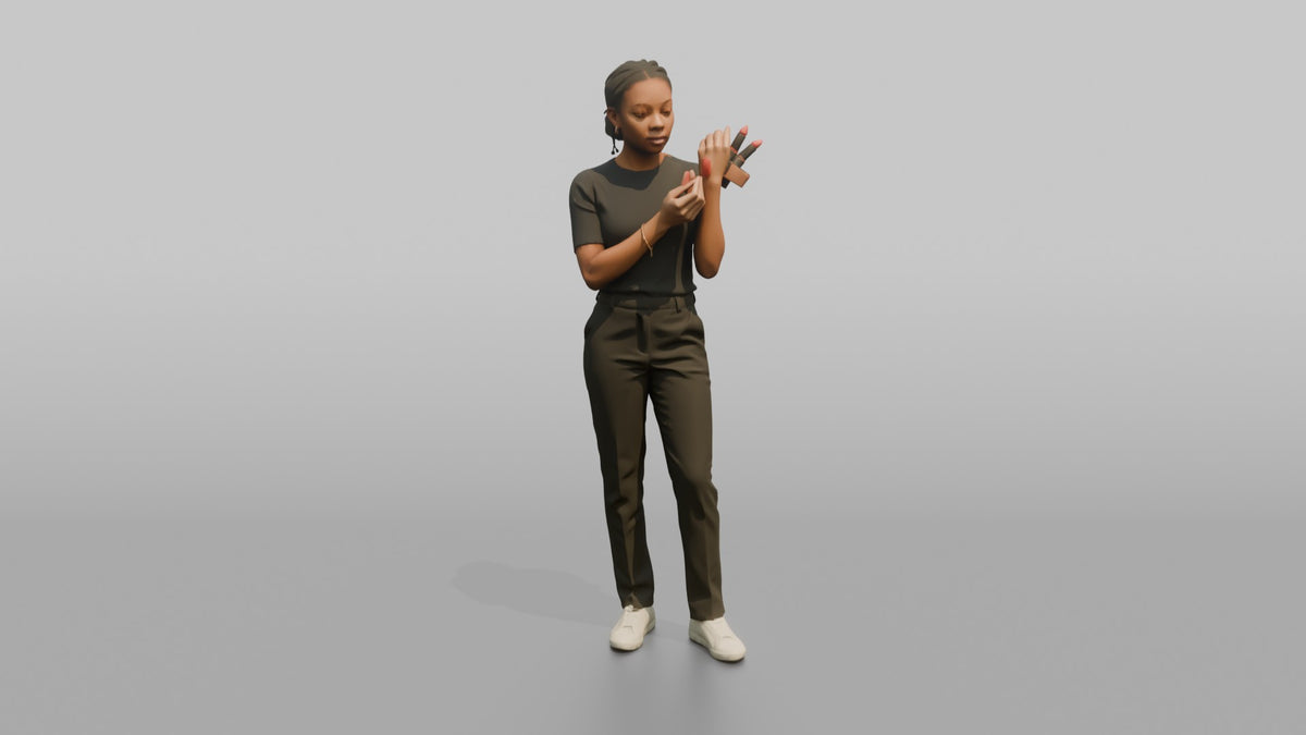 Woman Customer Comparing Two Lipstick Shades - 3D character model, view 5