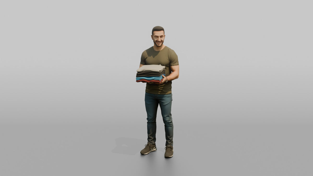 Man Customer Holding A Stack Of Folded T-shirts - 3D character model