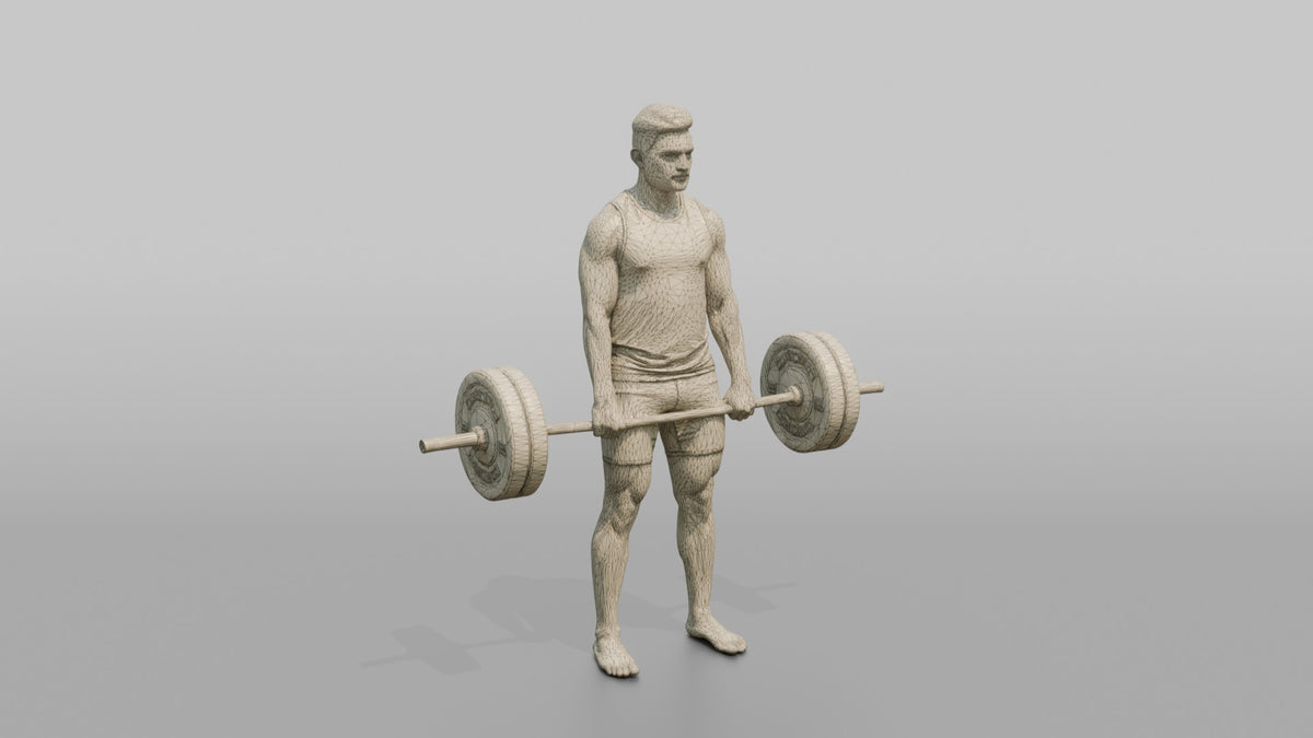 Weightlifter Man Holding A Loaded Barbell At The Hips - wireframe topology preview