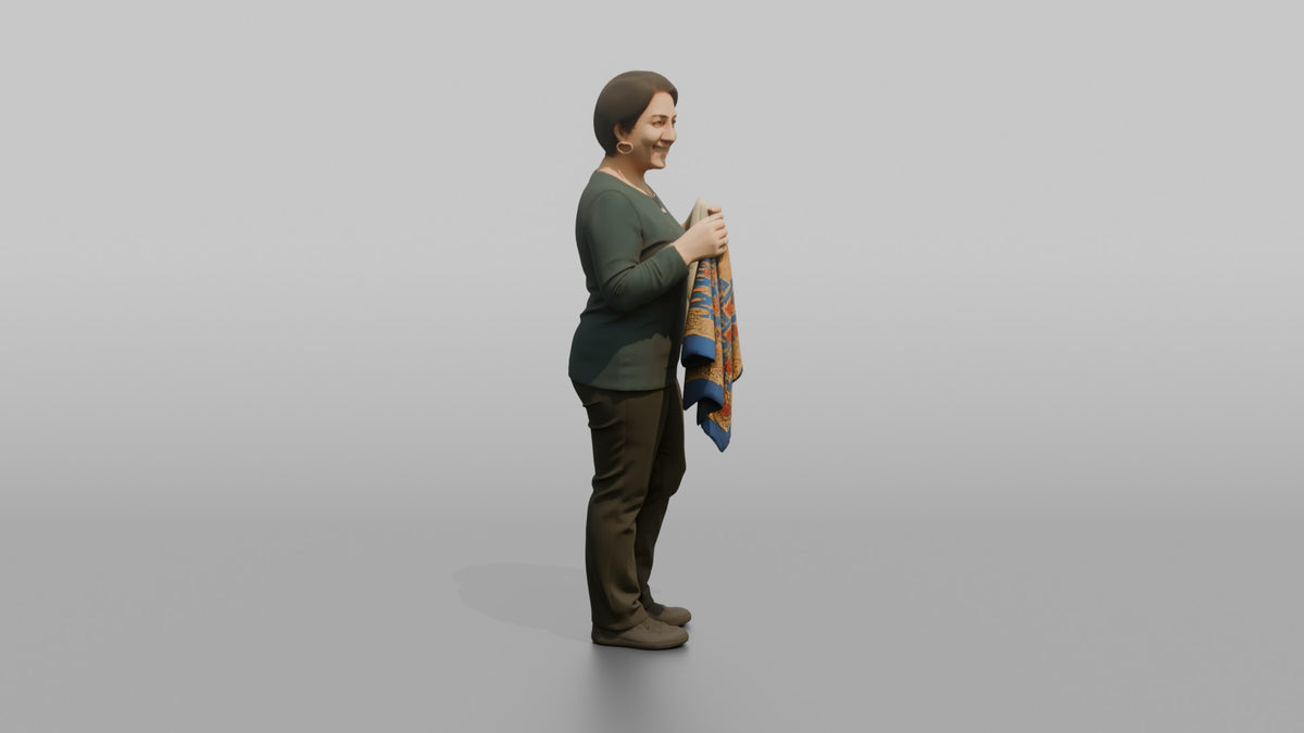 Woman Customer Holding Two Different Colored Scarves Side By Side - 3D character model, view 2