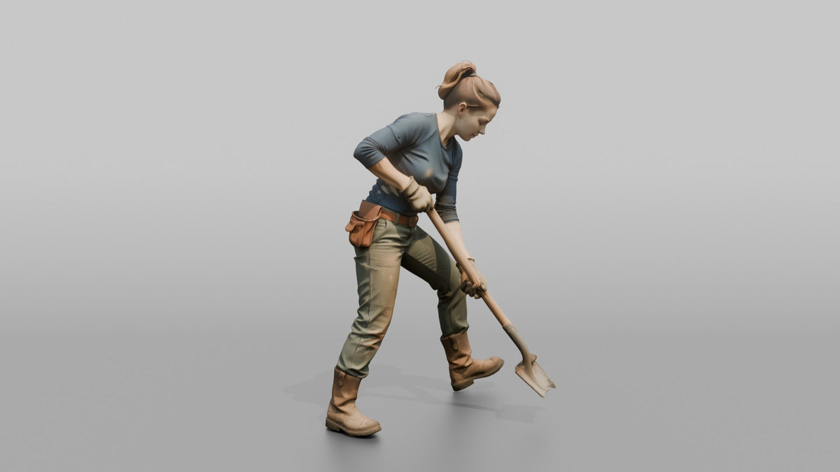 Farmer Digging Into Fresh Soil Heavy Trench - 3D character model, view 1