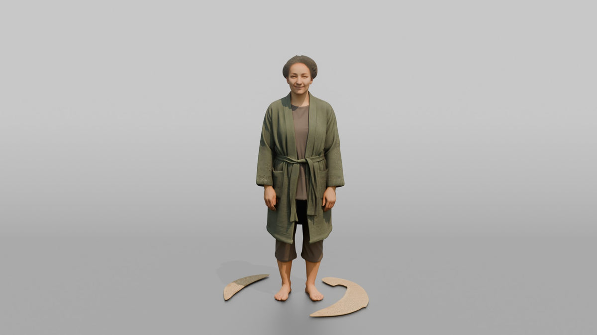 Spa Client Woman Standing Barefoot On A Mat, Arms At Sides, Calm Expression - 3D character model, view 5