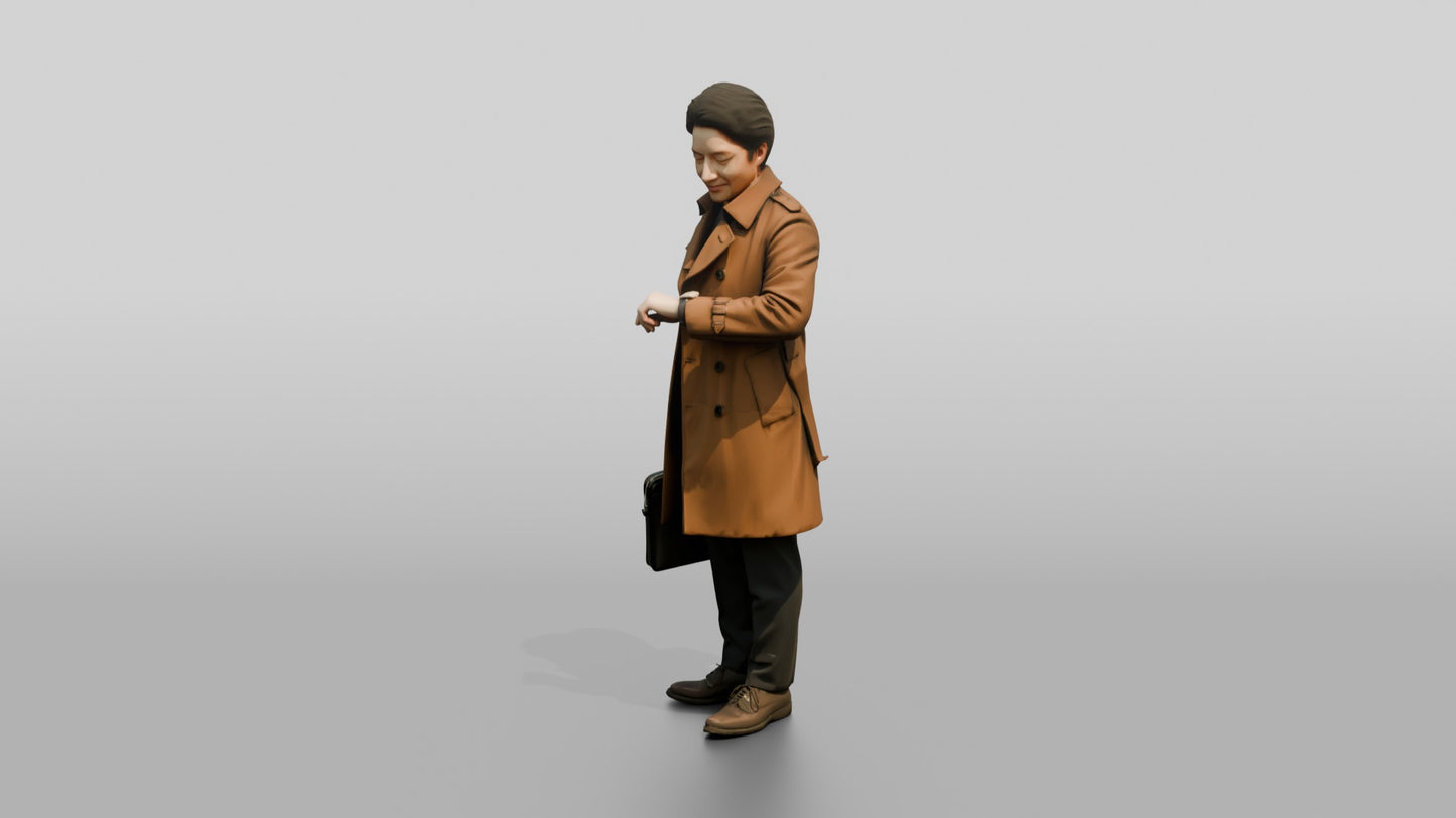 East Asian Man in Brown Raincoat Checking Watch