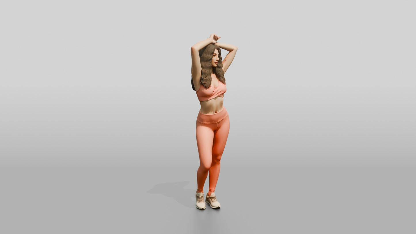 Woman in Coral Activewear Stretching Arms Overhead