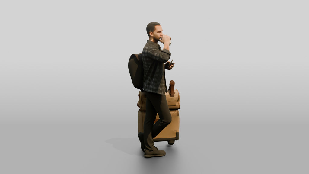 Man in Plaid Shirt Drinking Coffee and Texting with Luggage