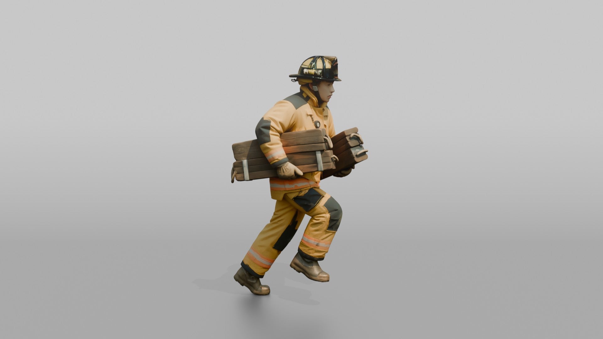 Firefighter Man Sprinting Forward While Carrying Heavy Wooden Stabilization Chocks