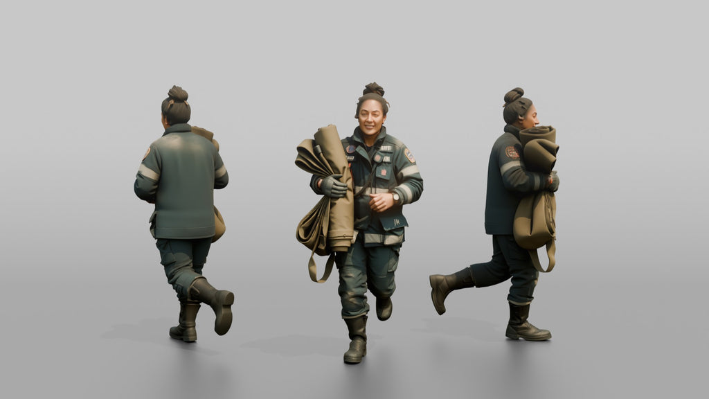 Firefighter Woman Jogging While Carrying a Salvage Cover Tarp