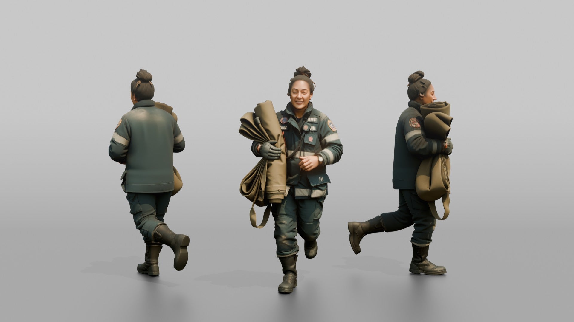 Firefighter Woman Jogging While Carrying a Salvage Cover Tarp
