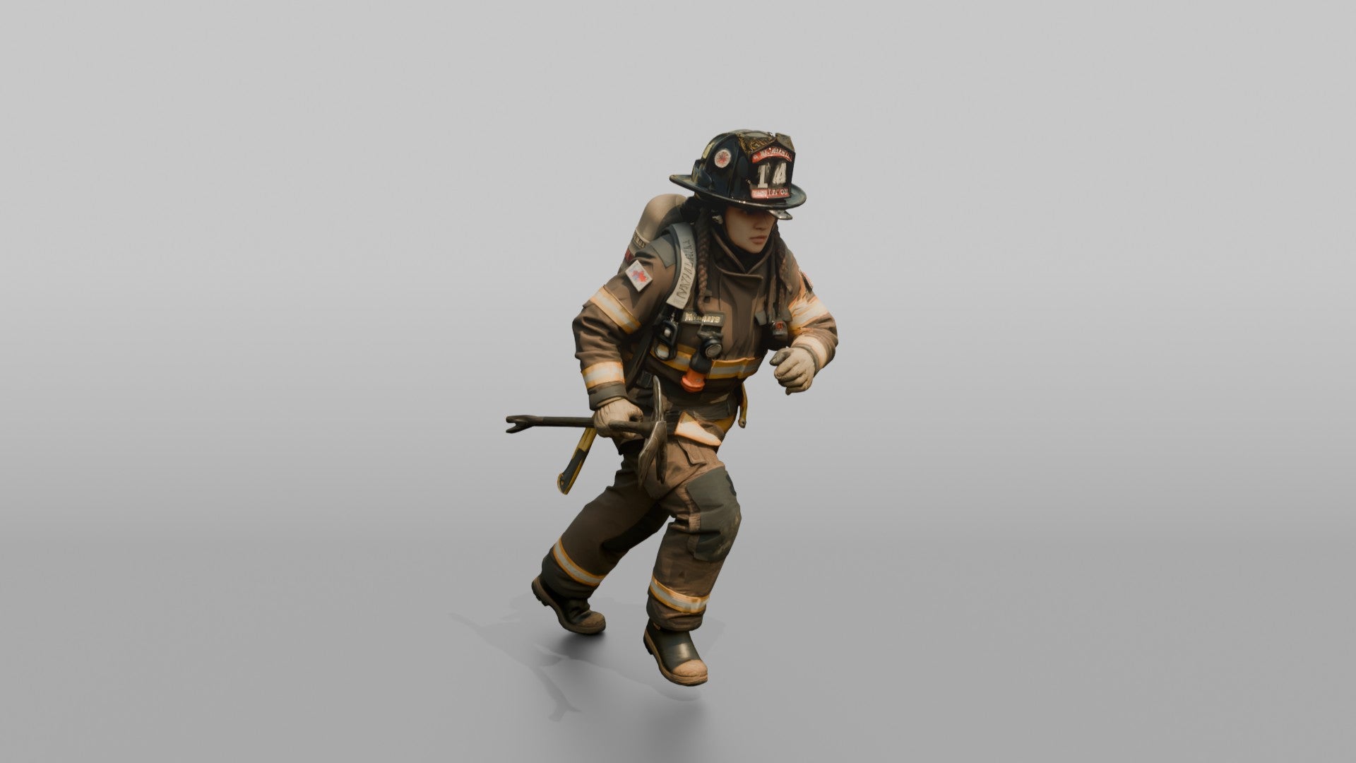 Firefighter Woman Running Forward with a Halligan Bar