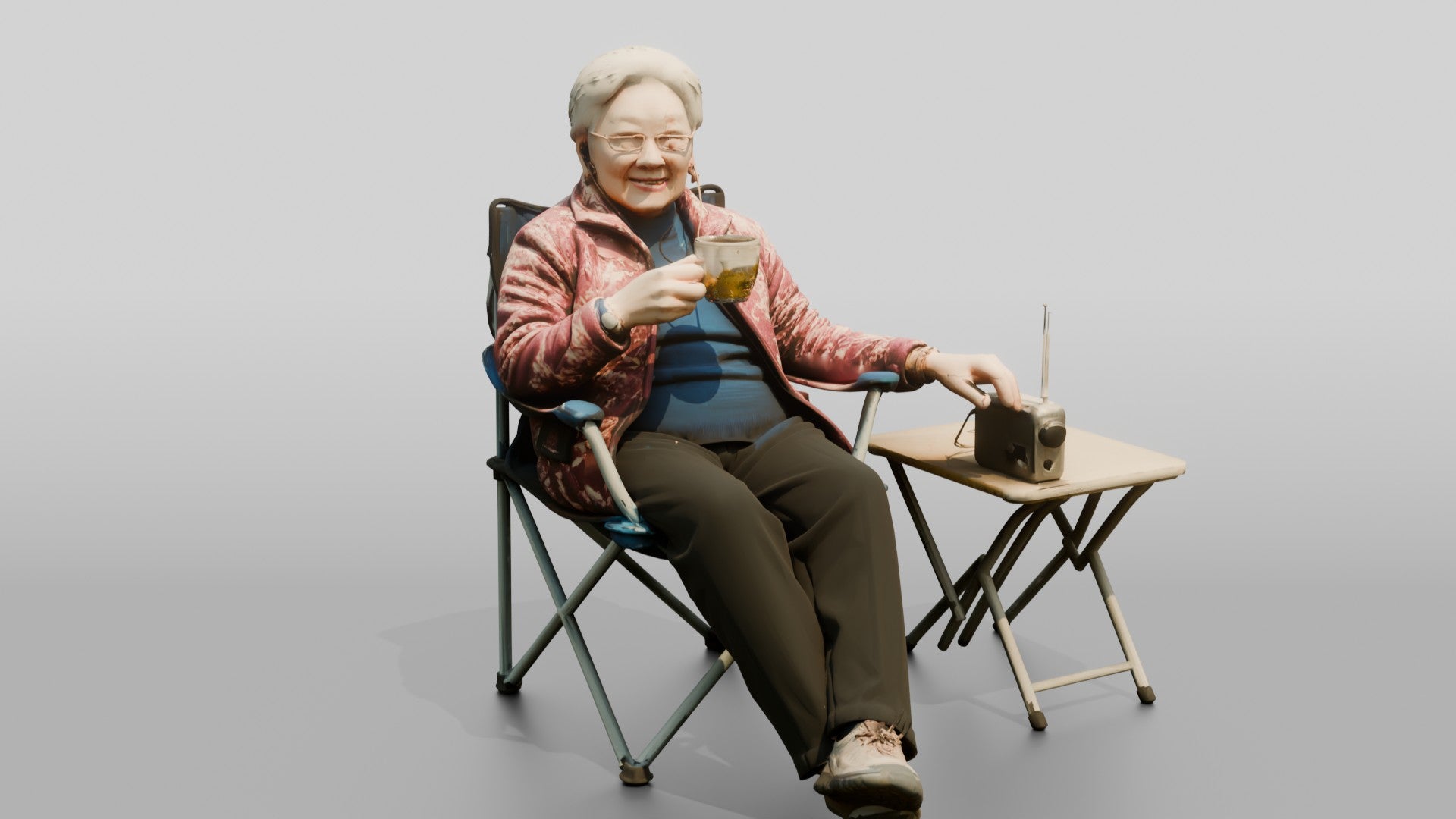 Elderly Chinese Woman Relaxing with Tea Outdoors