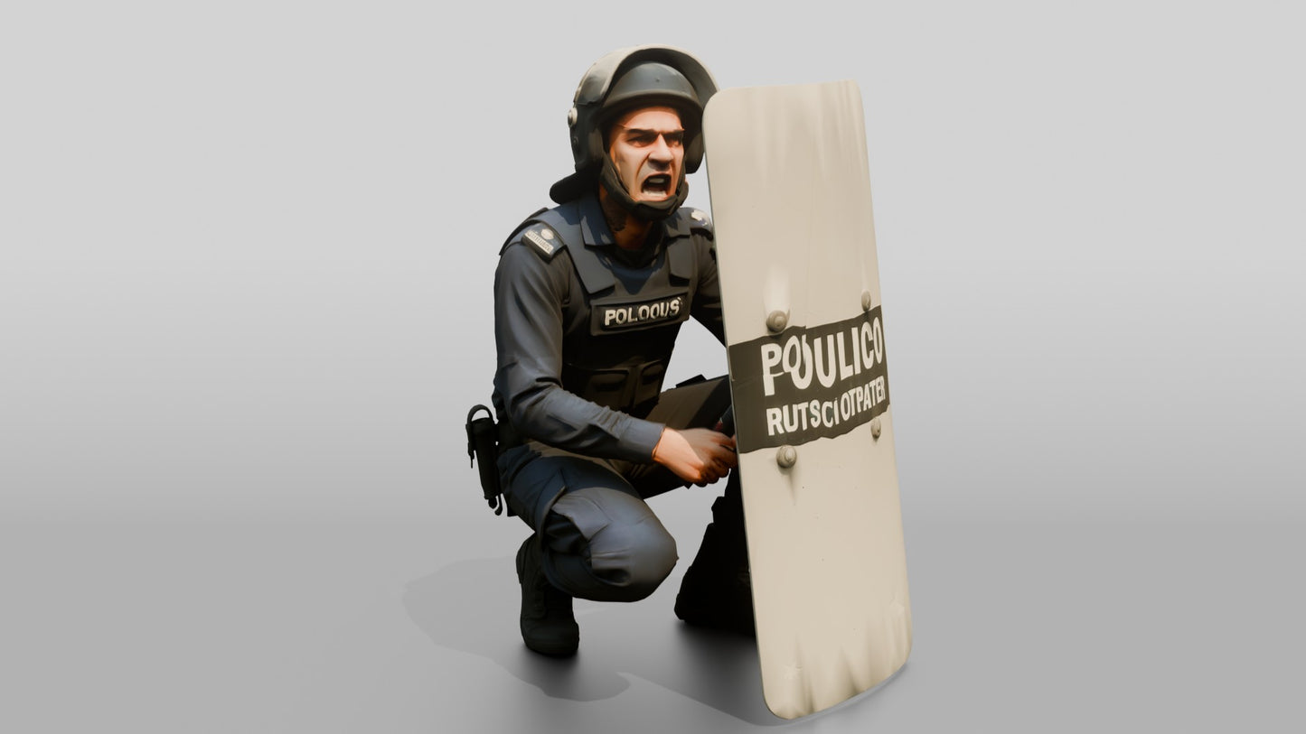 Riot Police Officer Crouching Behind Shield