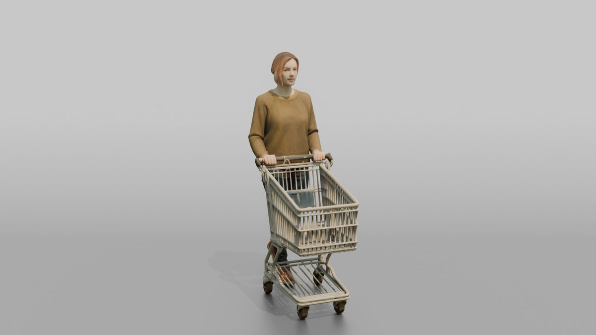 Woman Customer Pushing A Small Shopping Cart - 3D character model, view 2
