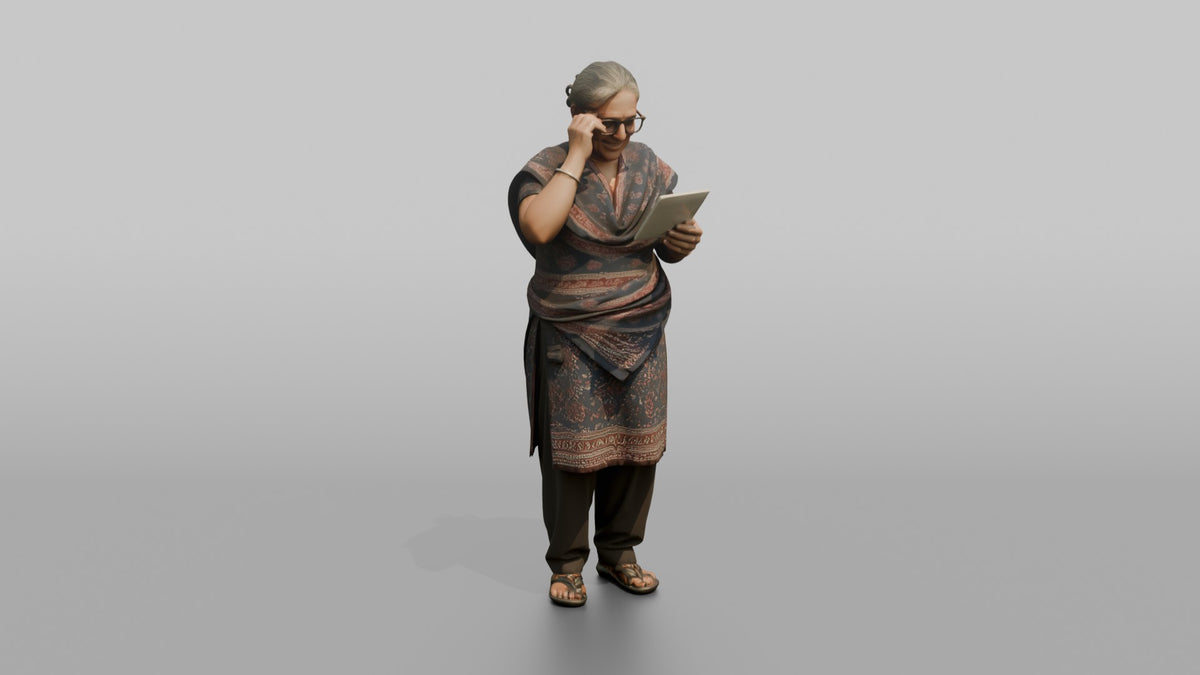 Grandmother Adjusting Her Glasses While Reading A Recipe Card - 3D character model