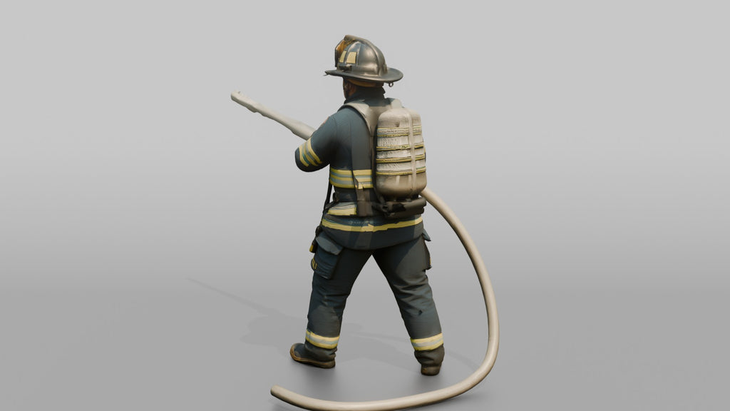 Firefighter Man Directing High-pressure Stream with Hose Nozzle