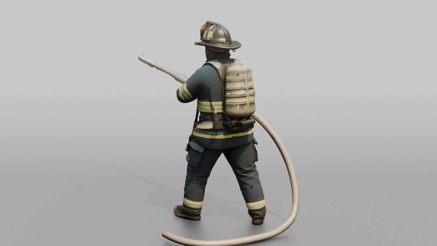 Firefighter Man Directing High-pressure Stream with Hose Nozzle