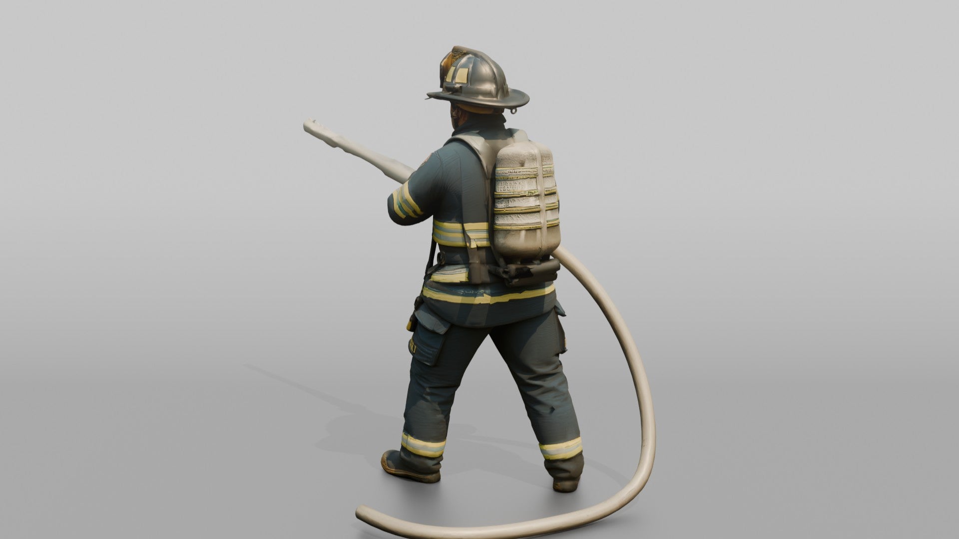 Firefighter Man Directing High-pressure Stream with Hose Nozzle