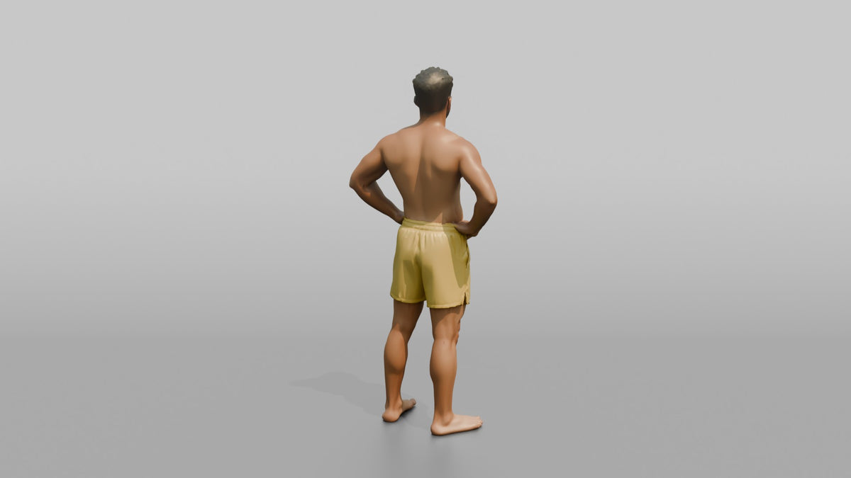 Physique Model Man Standing With Hands On Hips, Chest Out, Confident Pose - 3D character model, view 3