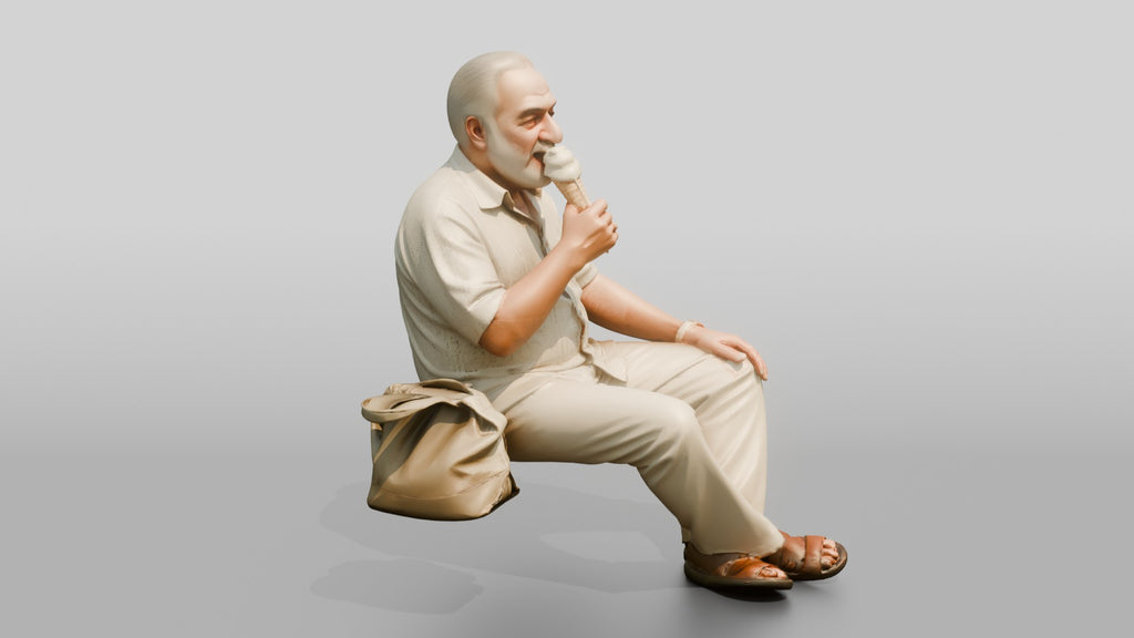 Stocky Elderly Persian Man Eating an Ice Cream Cone