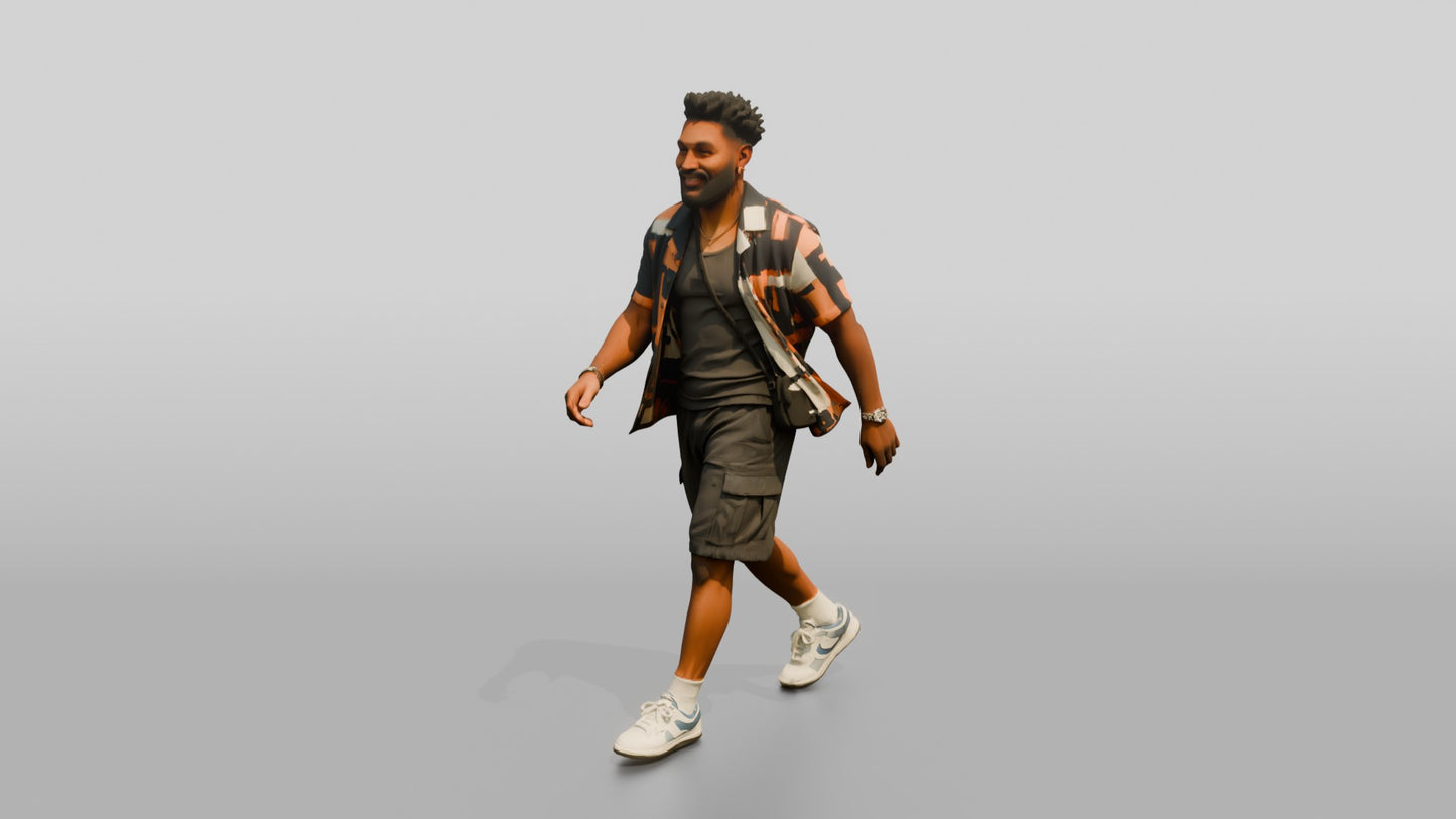 African-American Man Walking Dynamically in Patterned Shirt